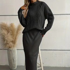 Black Cable Knit Mock Neck Sweater and Skirt Set